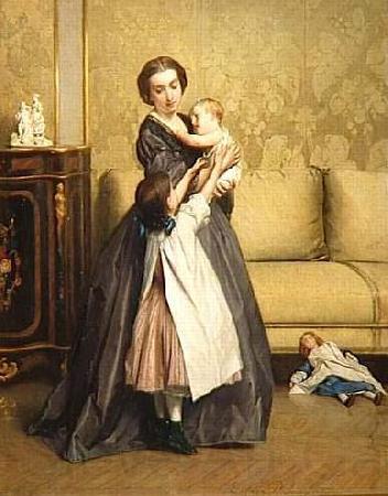 Gustave Leonard de Jonghe Jeune mere et ses enfants dans un salon